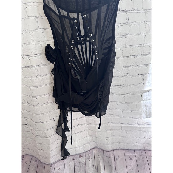 HEIRESS Black Chiffon Mesh Corset Flower Drape Mini Dress S - Picture 5 of 6